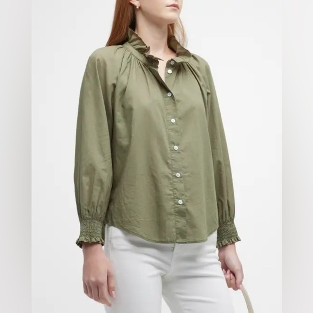 VERONICA BEARD Calisto Ruffle Collar Cotton Button-Up Shirt Sage Green Size XS